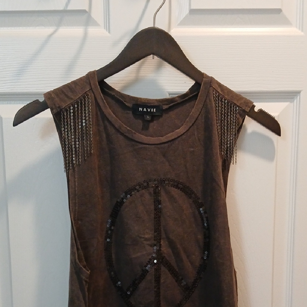 Brown Sleeveless Top with Peace Sign